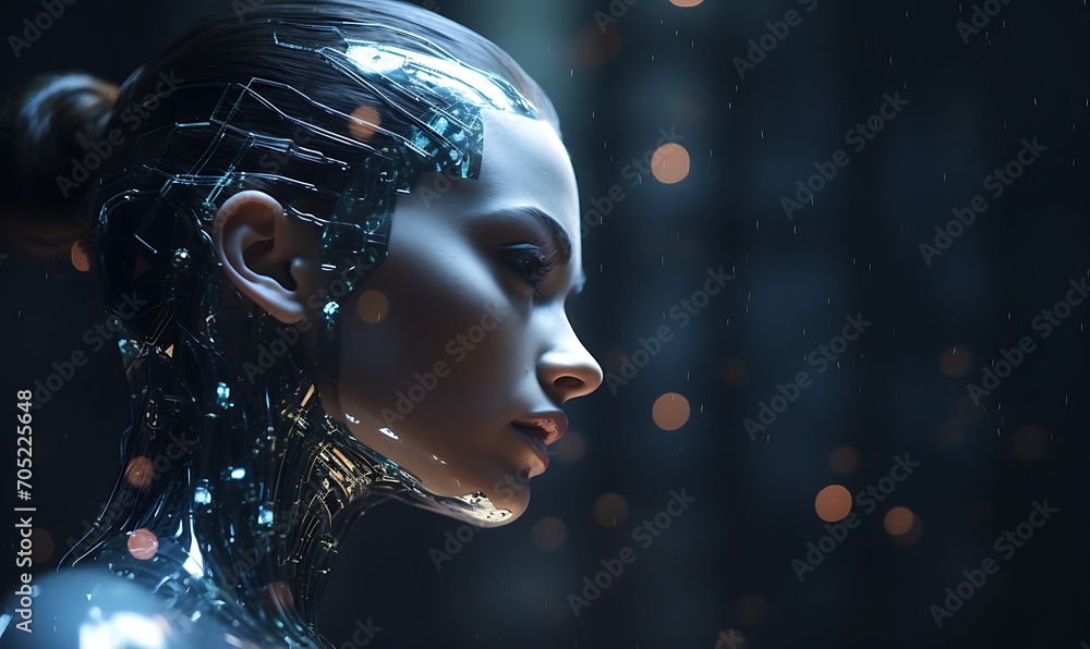 3d rendering of a female cyborg or robot on dark background