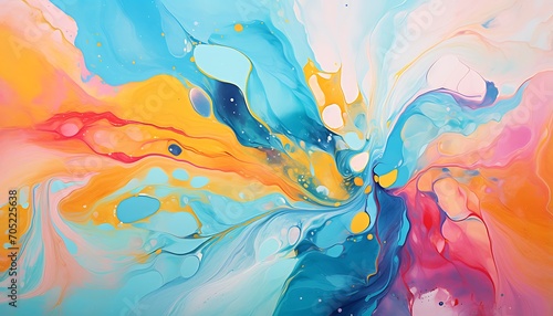 Abstract background of acrylic paint in blue, orange, yellow and pink colors