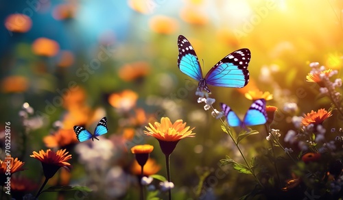 Butterflies on flower meadow in the morning, nature background
