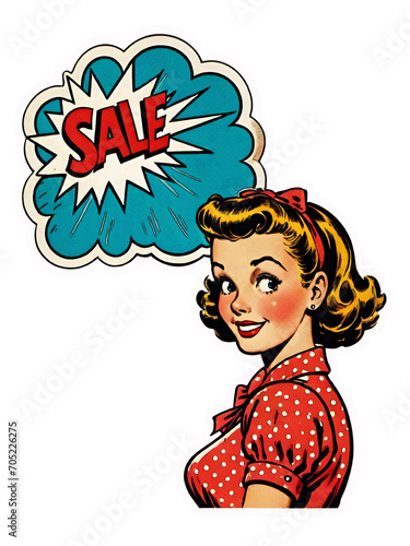 Vintage sticker, cartoon blonde girl, pin up girl, 1950s, on transparent background.