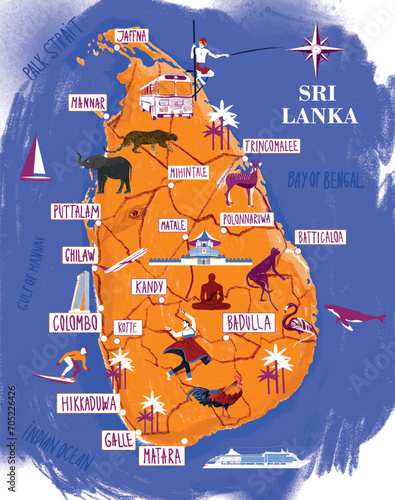 Poster of Sri Lanka with state names. Island cartoon travel map vector illustration of geographic themes with landmarks, cities, roadmap, animals. Hand-drawn infographic concept with country navigator