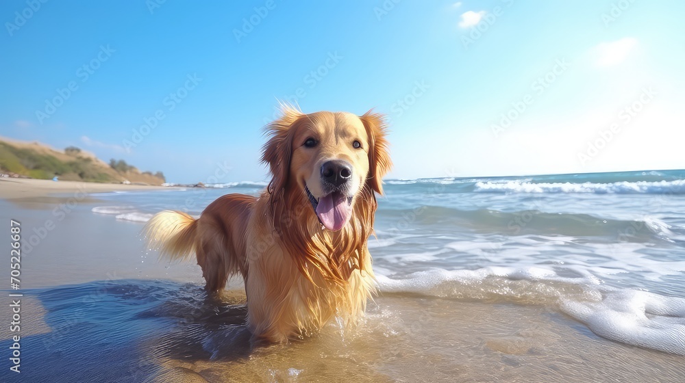 Golden Retriever at the beach in a sunny day with blue sky
