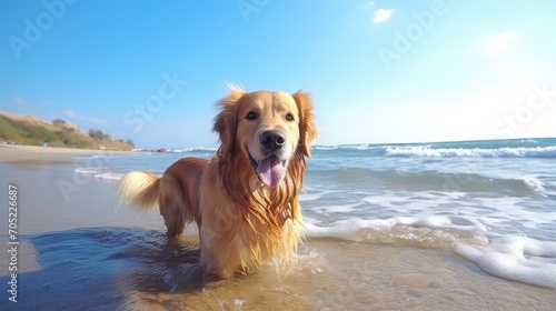Golden Retriever at the beach in a sunny day with blue sky