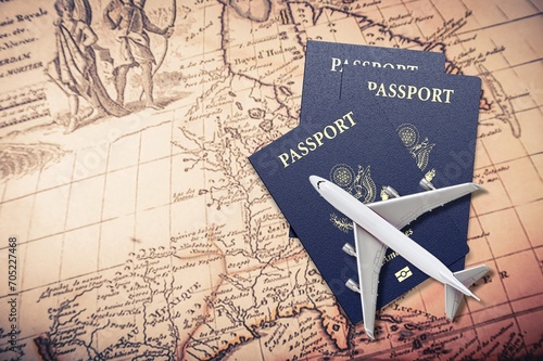tourism travel, plane model, passport and retro map