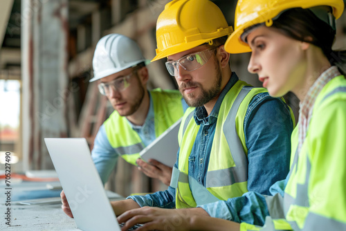 Portrait of a young team in helmets from signal waistcoats on a construction site with laptops, engineers