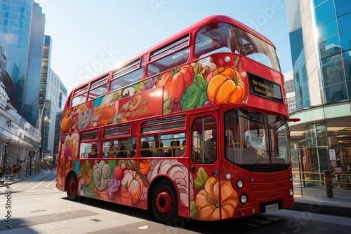Two -storey red bus carries animated passengers around the city., generative IA photo