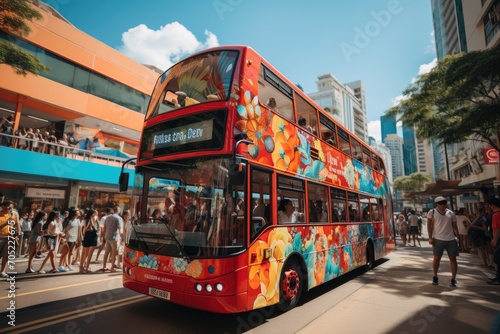 Two -storey red bus carries animated passengers around the city.  generative IA