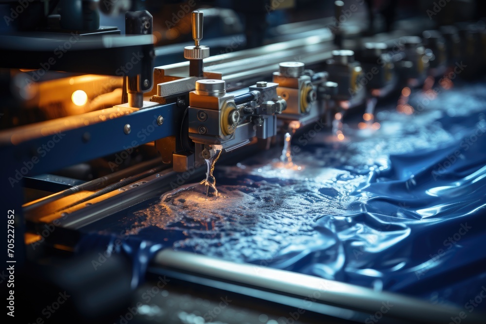 Industrial machines apply waterproofing in textile line., generative IA