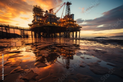 Offshore platforms pierce wells on golden sea., generative IA © Rosenei