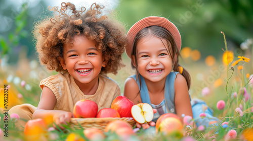 Happy, smiling, multiracial children enjoying spring in a field full of flowers, picking and eating apples.