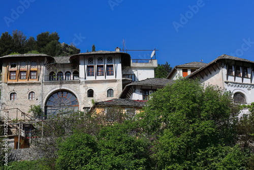 Ottoman-style dwellings made of stone on the slope down the hill facing the citadel from the west. Gjirokaster-Albania-214