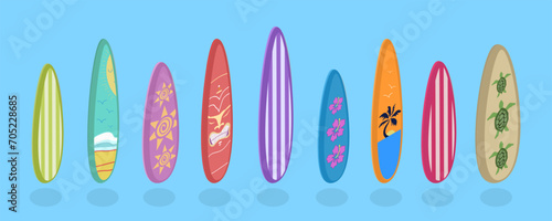 3D Isometric Flat Vector Set of Surfboards, Extreme Activity Equipment