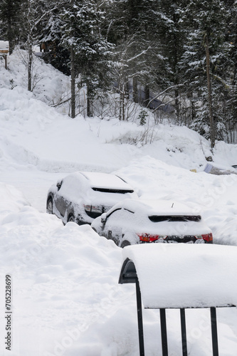 The cars are parked in the middle of the snowdrifts, covered with snow.