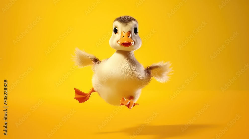 Duckling running on a yellow background.