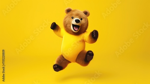 Cute teddy bear on yellow background. Concept of childhood happiness