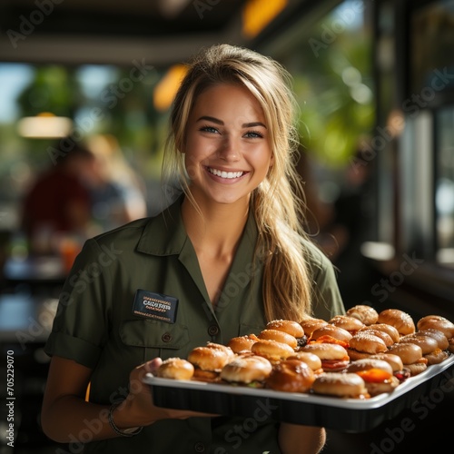 Cheerful waitress holding a tray of burgers