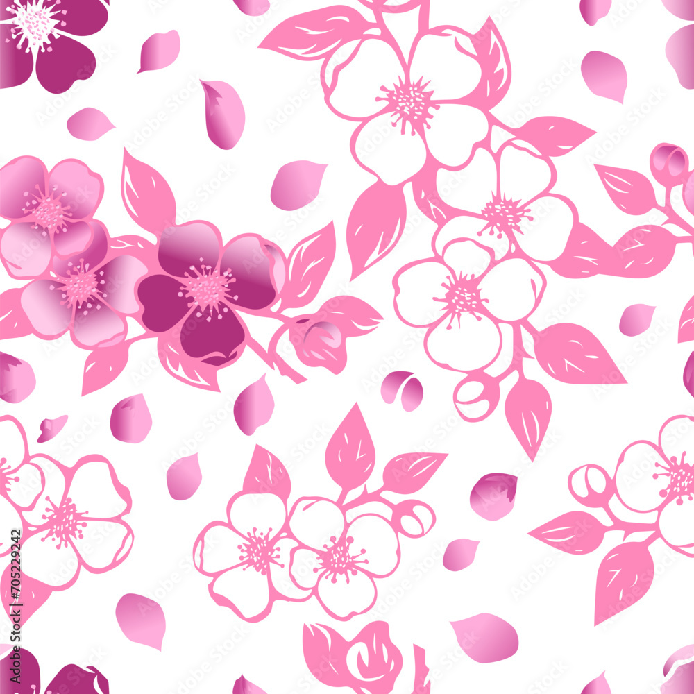 sakura pink seamless pattern. Red Pink White Sakura Japanese Cherry Blossoms. hand drawing. Not AI. Vector illustration