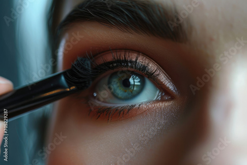 Eye make-up application of eyelashes and eyebrows close-up