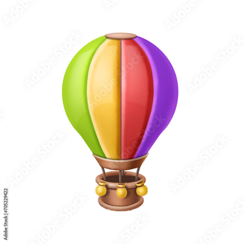 Hot air balloon 3d basket travel illustration on white background. Realistic aerostat colorful icon. Cartoon Aeronautics illustration vector