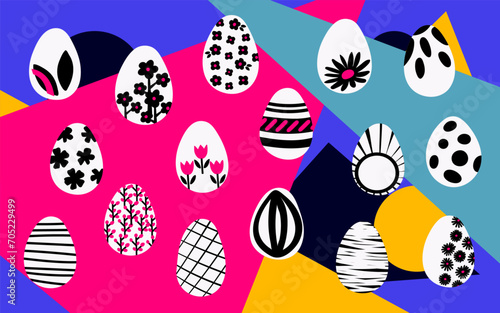 Happy Easter eggs set. Graphic modern vector illustration. Abstract hand drawn lines and dot polka texture isolated on colorfull modern background.