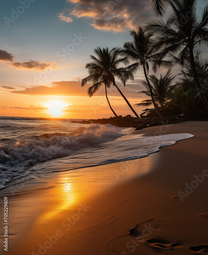 Picturesque sunset on a tropical beach with palm trees and gentle waves.