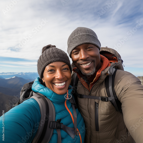 Pov selfie of an black couple middle age of adventurers on top of the mountain
