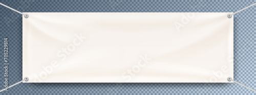 White mock up textile banner with eyelets at the corners and white ropes. Hanging advertising promo banner vector template isolated on transparent background photo