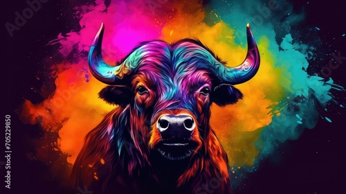 Bull head on colorful grunge background. Digital painting. © HA