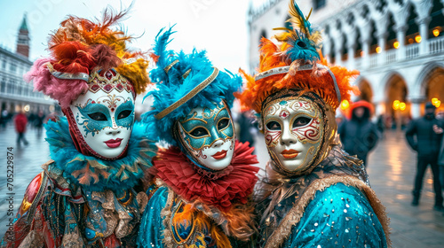 adesso ci sono quattro ragazze in primissimo piano selfie felice a piazza san Marco a Venezia vestite con le maschere per il carnevale
