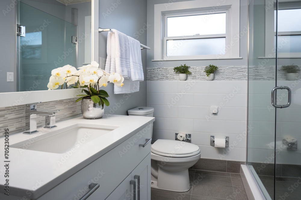 Modern bathroom with white vanity, gray tile, and plants Modern bathroom with white vanity, gray tile, and plants