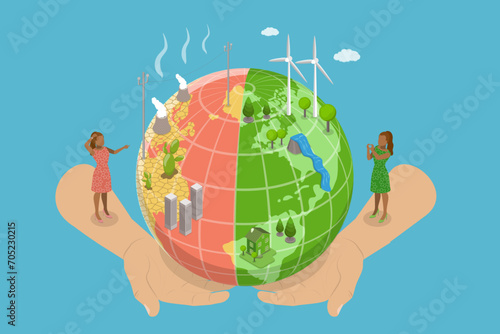 3D Isometric Flat Vector Illustration of Save Earth, Recycling Waste, Growing Plants and Choosing Renewable Resources
