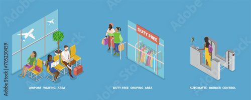 3D Isometric Flat Vector Set of Airport Scenes, Automated Border Control, Waiting Area, Duty Free Shopping