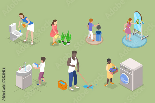 3D Isometric Flat Vector Set of Family Household Activities, Housekeeping