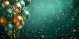 green-gold metallic balloons with ribbons and sequins on a green background	
