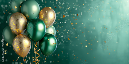 green-gold metallic balloons with ribbons and sequins on a green background 