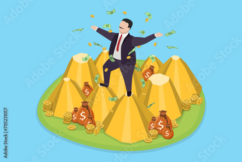 3D Isometric Flat Vector Illustration of Rich Man, Billionaire is Saving and Multiplying his Money