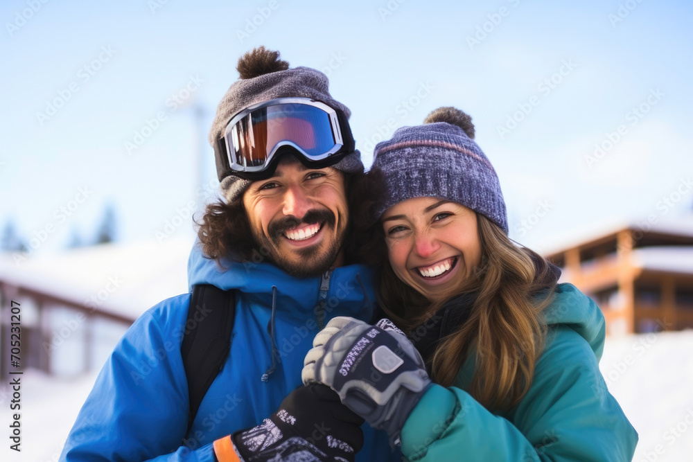 Dynamic Young Couple Embracing Winter Wonderland on Snowboards Dynamic Young Couple Embracing Winter Wonderland on Snowboards
