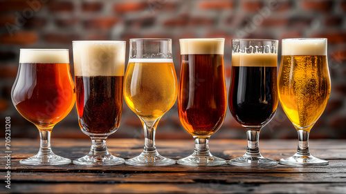 Several glass beer glasses of different sizes and shapes on a wooden table