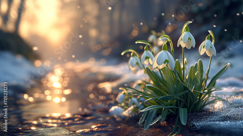 Beautiful delicate flowers, the first snowdrops that emerged from under the snow in spring