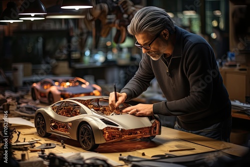Engineers sculpting elegant car prototypes in automotive studio., generative IA