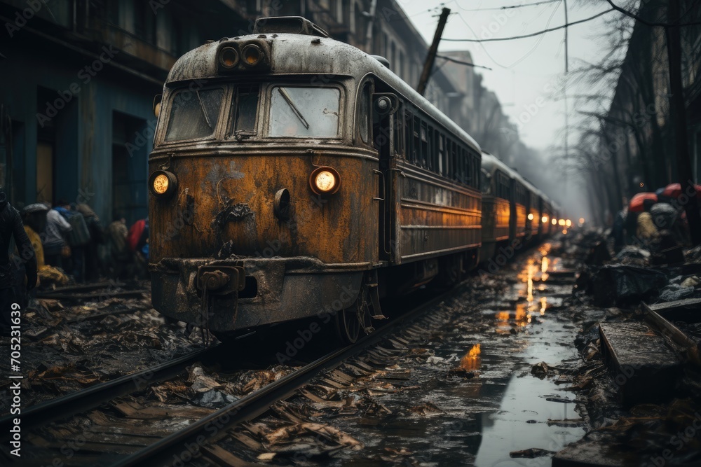 Aligned trains, waiting, maneuvering courtyard., generative IA Aligned trains, waiting, maneuvering courtyard., generative IA