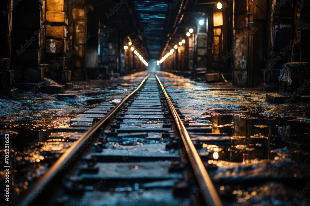 Light train emerges in a dark rail tunnel., generative IA