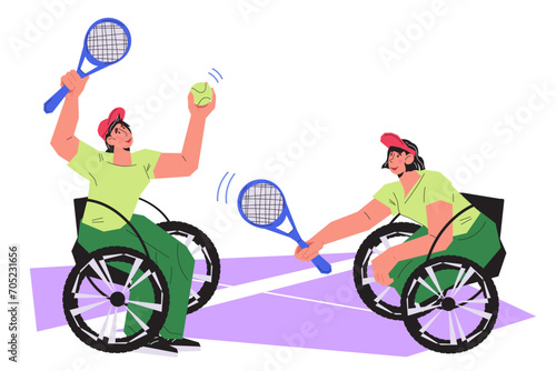 Wheelchair tennis sport , flat vector illustration isolated on white background. Opportunities for individuals with disabilities to participate in various sports and activities.