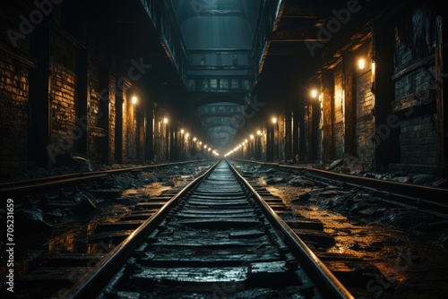 Light train emerges in a dark rail tunnel., generative IA photo