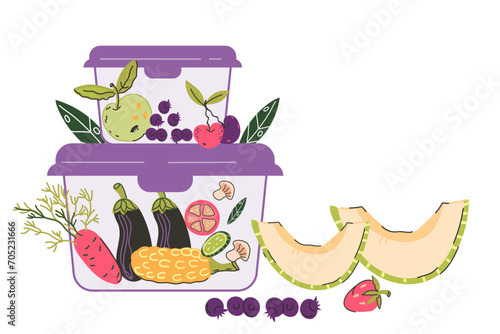 Proper food storage and packaging, preserving nutrition and ensuring food safety. Food in containers for storage to maintain nutritional value and freshness concept, vector illustration isolated.