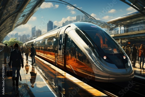 Passengers wait, silver train shines., generative IA
