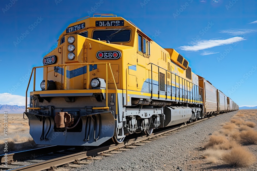 Cargo train crosses vast desert under deep sky., generative IA Cargo train crosses vast desert under deep sky., generative IA