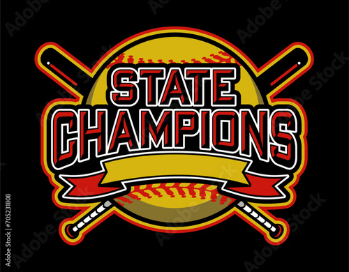 state champions in softball team design with ball and banner for school, college or league sports