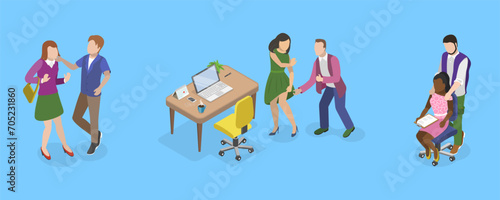 3D Isometric Flat Vector Illustration of Sexual Harassment, Assault and Abuse at Office