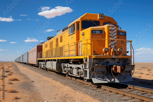Cargo train crosses vast desert under deep sky., generative IA